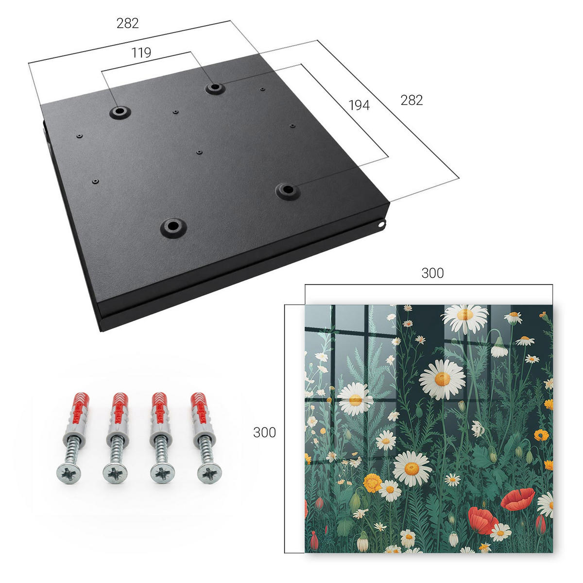 SCHLÜSSELBOX Schwarz 30x30 cm- Türöffnung nach rechts - Blumenwiese - Grün, Metall (30/30/5cm) - TULUP