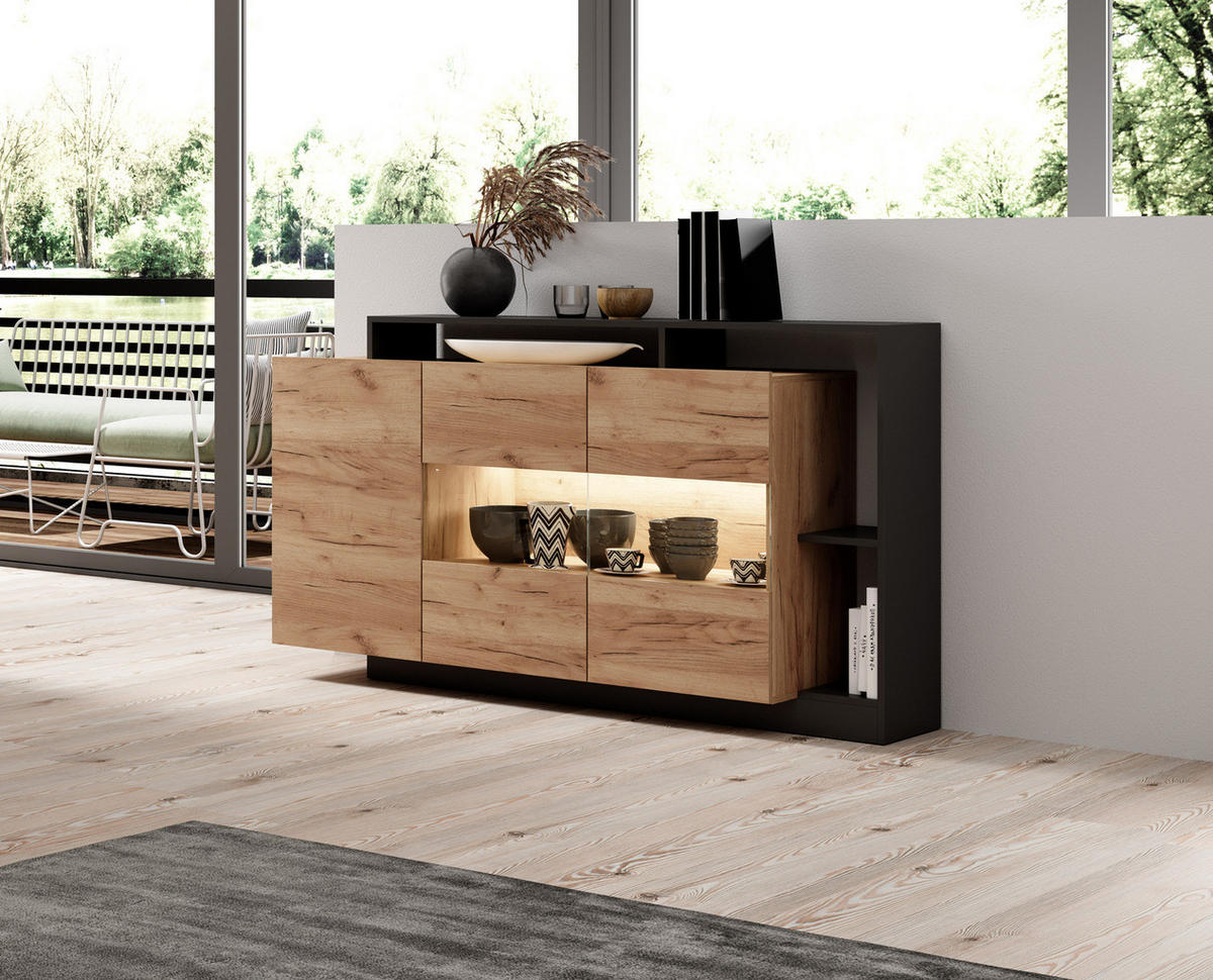 SIDEBOARD Panzo Craft Eiche / Anthrazit - 155 cm - Grifflos - Eichefarben/Anthrazit, Holzwerkstoff (155/93/44cm) - Ravio