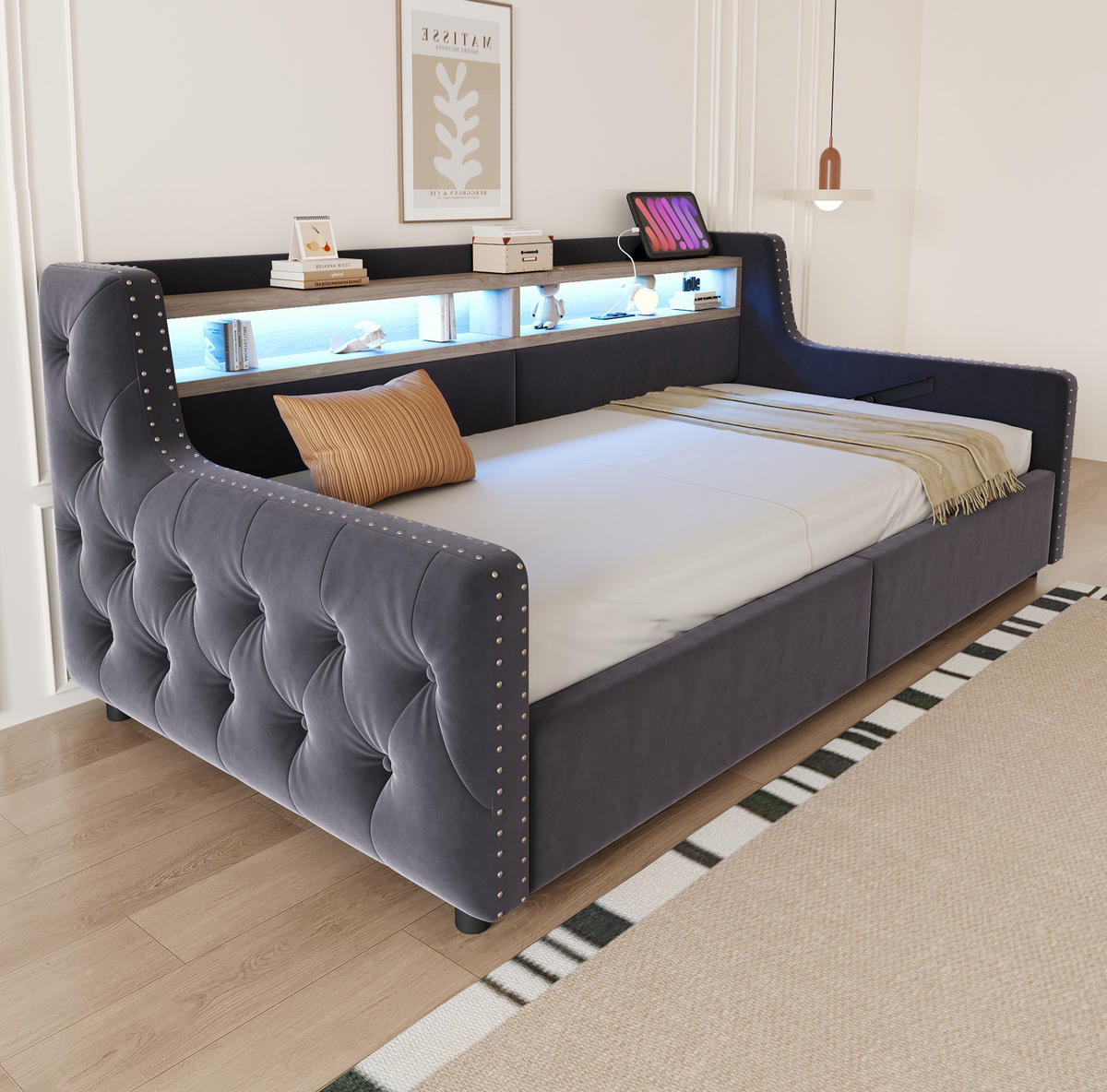 POLSTERBETT 90/200 cm aus Samt mit LED Stauraum und Ladeanschlüssen Dunkelgrau - Grau, Textil (90/200cm) - Modenvie