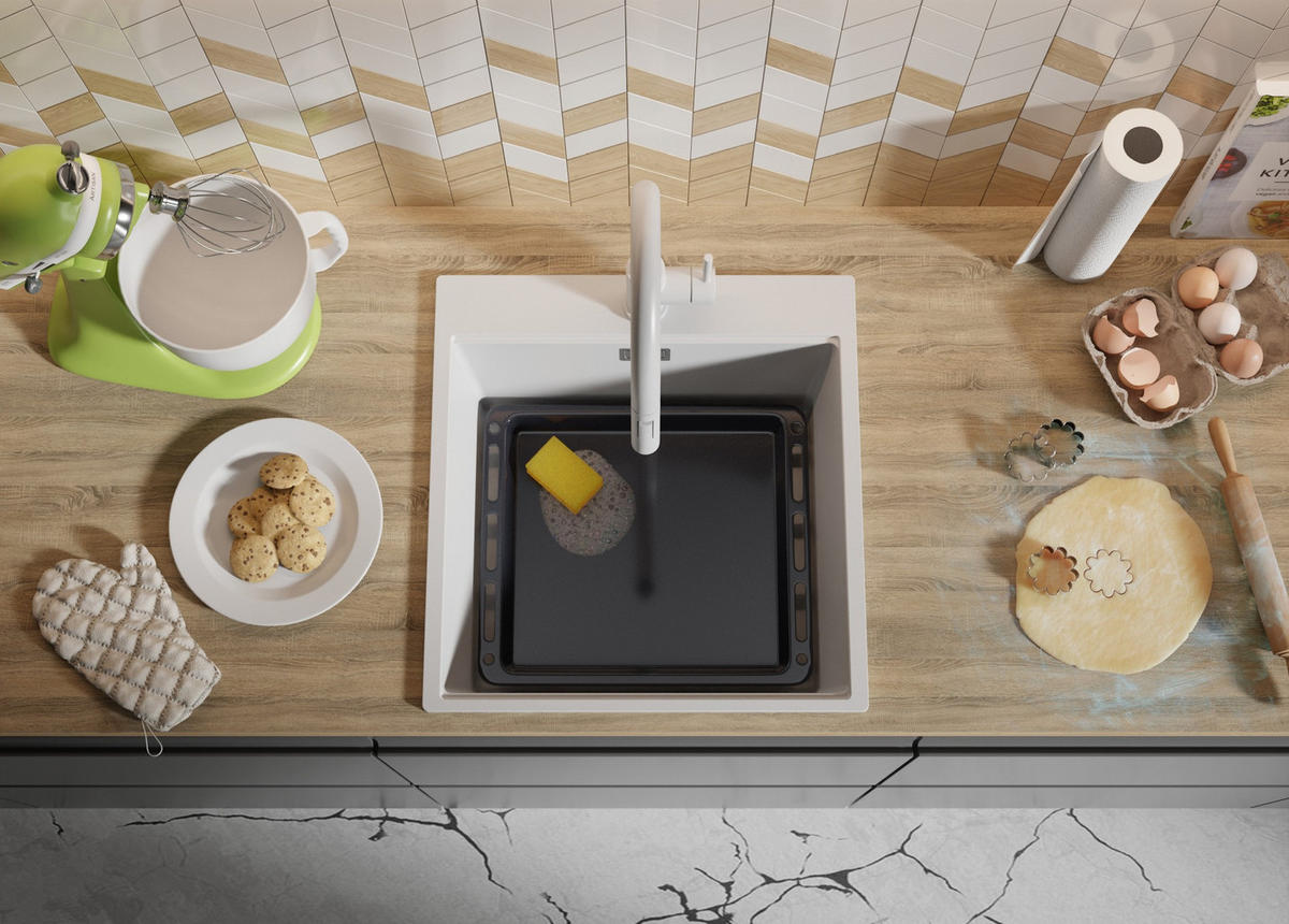 SPÜLBECKEN Oslo, 2-er set Alles Weiß 48/50 cm 1 Becken + Ablauf-Set + Schneidebrett ab 50er Unterschrank - Beige/Weiß, Kunststoff (48/20/50cm) - Primagran