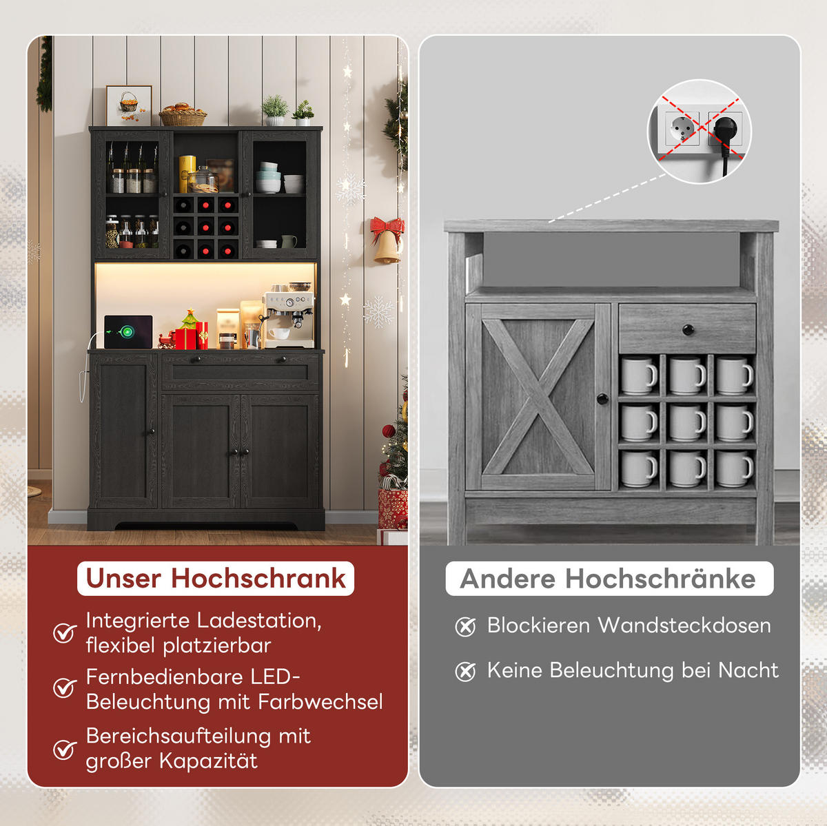 BUFFET 105/40/180 cm aus MDF mit LED-Beleuchtung und Steckdosenleiste Schwarz - Schwarz, Holzwerkstoff (105/180/40cm) - Modenvie