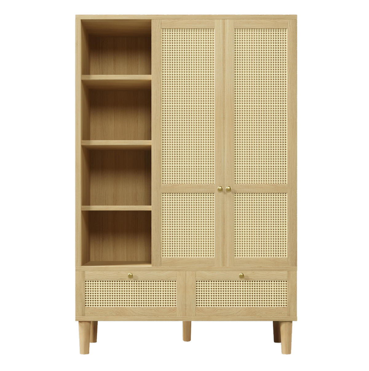 KLEIDERSCHRANK aus Holz 50x120x180 cm Eiche mit Rattanfronten, Kleiderstange, offenen Fächern und 2 Schubladen - Nussbaumfarben, Holzwerkstoff (120/180/50cm) - Modfu
