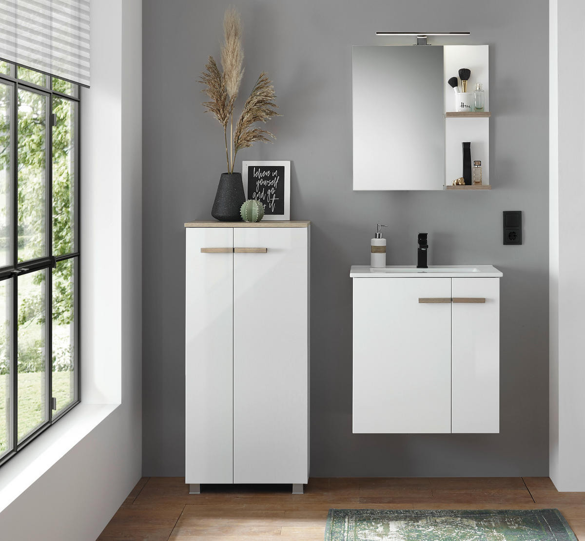 BADMÖBEL-SET weiß Hochglanz Lack, Eiche, Badkombination MIT Waschbecken, Badlampe 60 x 200 cm - Weiß Hochglanz/Eichefarben, Holzwerkstoff (60/200/40cm) - Furn.Design