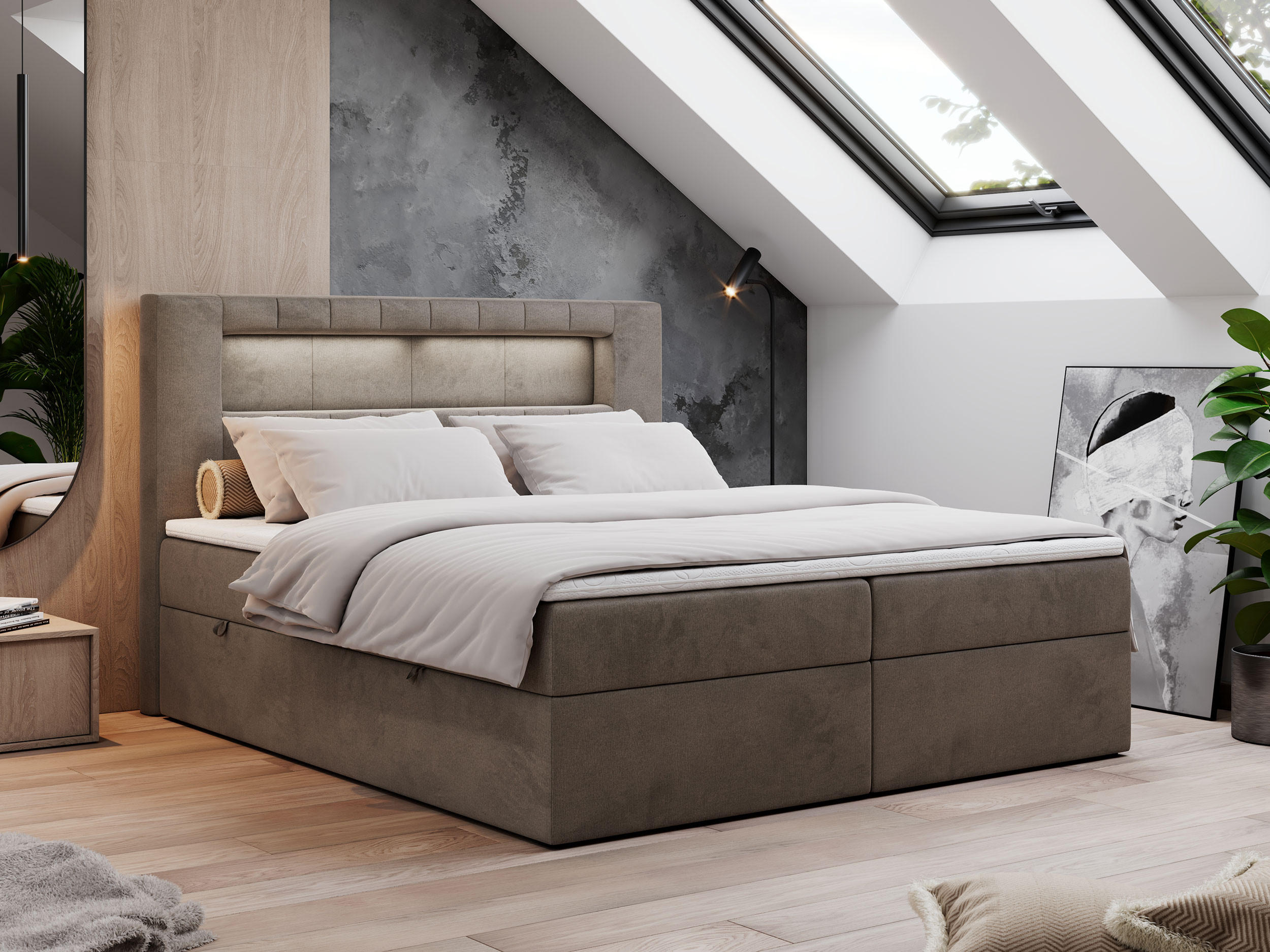 BOXBETT GOLD-5 LED 120/200 Braun Velvet - H3 - Braun, Holz/Textil (120/200cm) - MKS