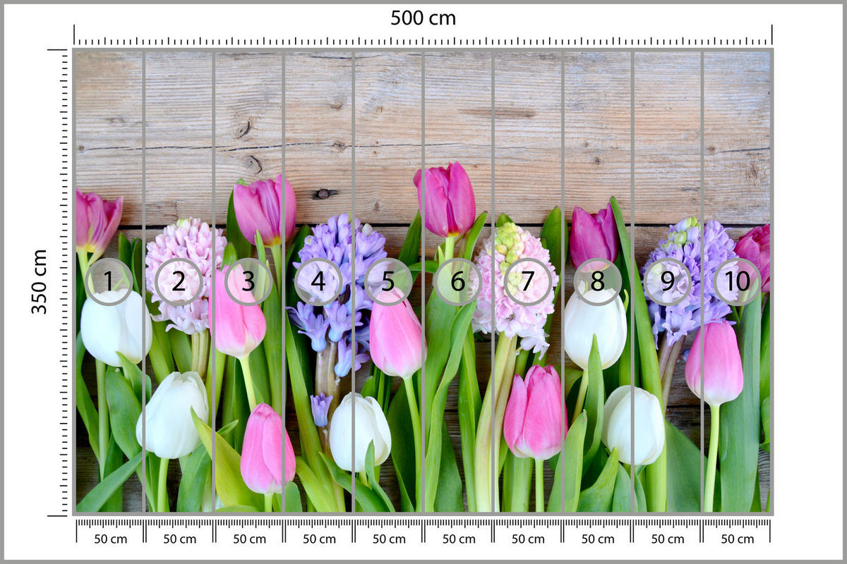 FOTOTAPETE für Küche Rosa Tulpen Violette Hyazinthen Holztisch 500x350 - Ecru/Violett, Papier (500/350cm) - Muralo