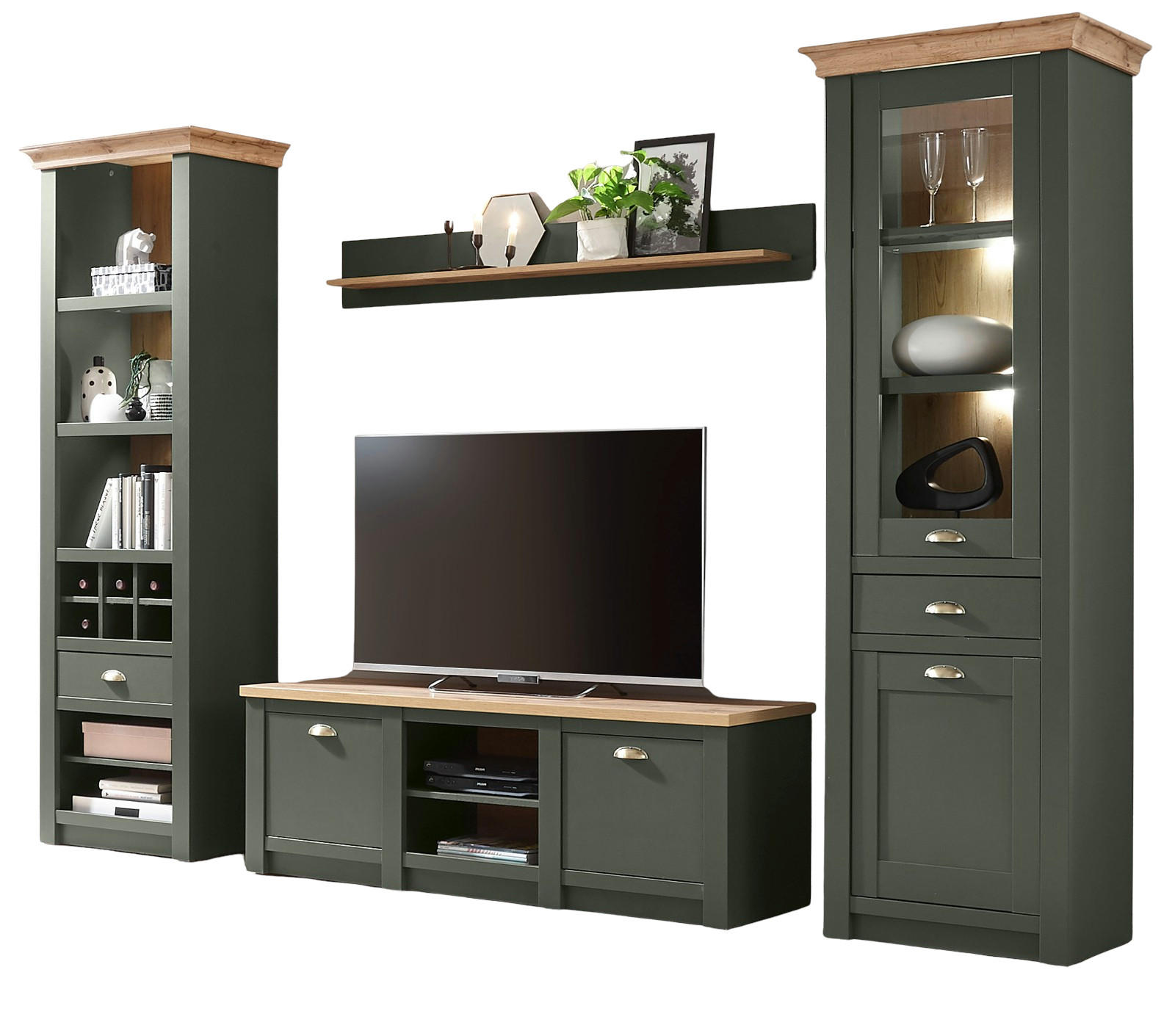 WOHNWAND grün, Wotan Eiche Landhaus, Wohnkombination 4-teilig 308 cm - Dunkelgrün/Messingfarben, Glas/Holzwerkstoff (308/207/45cm) - Furn.Design