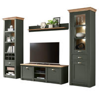 WOHNWAND grün, Wotan Eiche Landhaus, Wohnkombination 4-teilig 308 cm - Dunkelgrün/Messingfarben, Glas/Holzwerkstoff (308/207/45cm) - Furn.Design