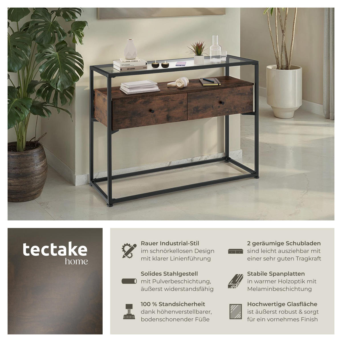 KONSOLENTISCH Reading,101,5 x 41,5 x 80,5 cm,Industrial Holz dunkel, rustikal - Rostfarben, Holzwerkstoff (101.5/41.5/80.5cm) - tectake