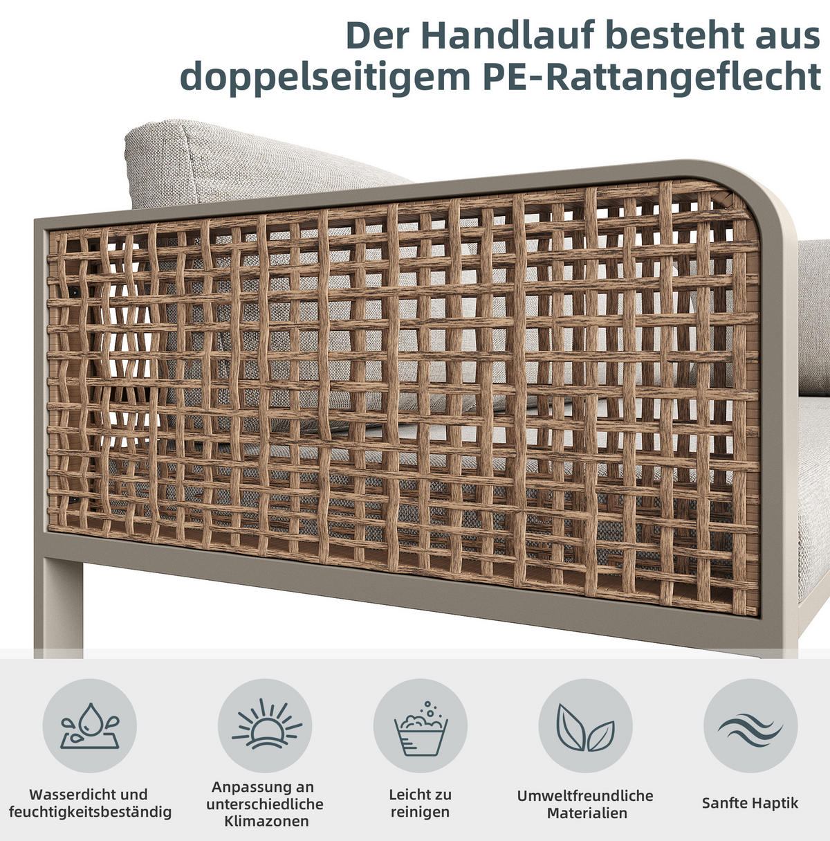 LOUNGEGARNITUR 120/61/69 cm beige aus Metall und Rattan mit Kissen - Beige, Metall - OKWISH