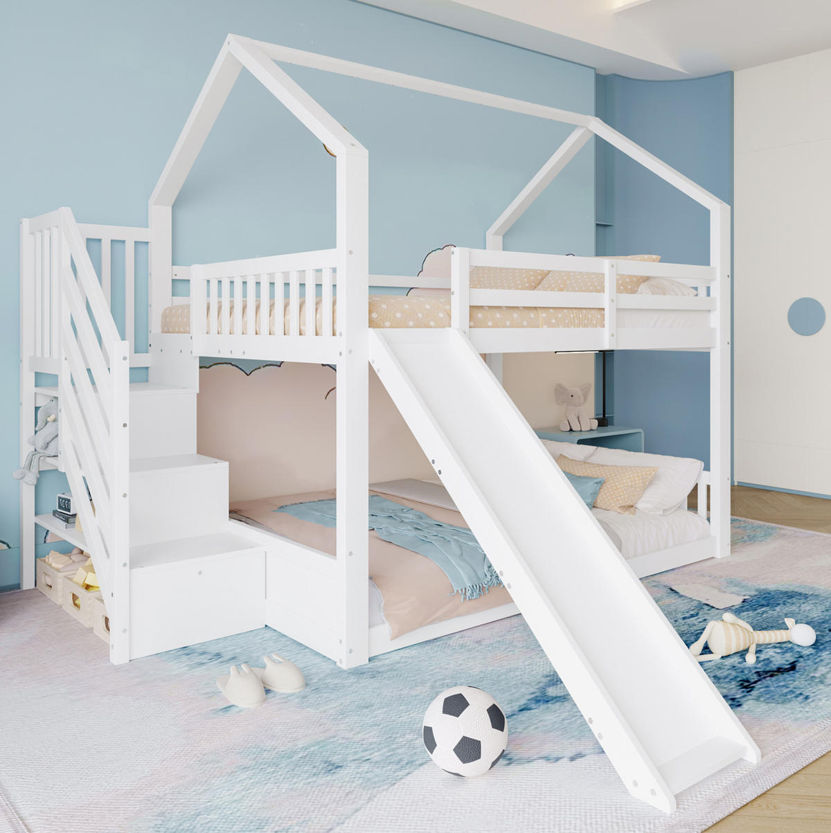 HAUSBETT 140/200 cm in Weiß mit Stauraumtreppe und Rutsche - Weiß, Holz (140/200cm) - BEAOK
