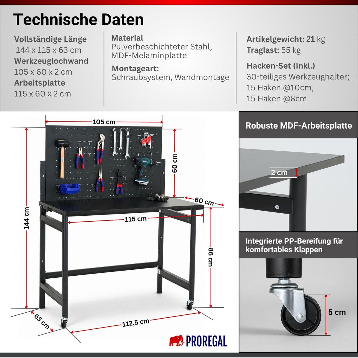 WERKBANK klappbar für Wandmontage TITAN mit Werkzeug Lochwand - Schwarz, Metall (115/144/63cm) - PROREGAL
