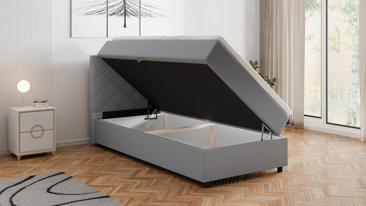 BOXBETT Diamaro 100x200 cm mit Bettkasten und Topper - Hellgrau - Hellgrau, Holz (100/215cm) - Panda Möbel