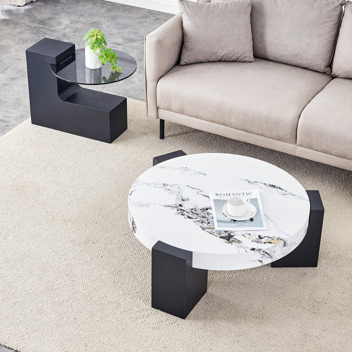 COUCHTISCH 2er-Set rund 61/44 cm Marmor-Optik Schwarz - Weiß, Glas (61/61/39cm) - Meubliv