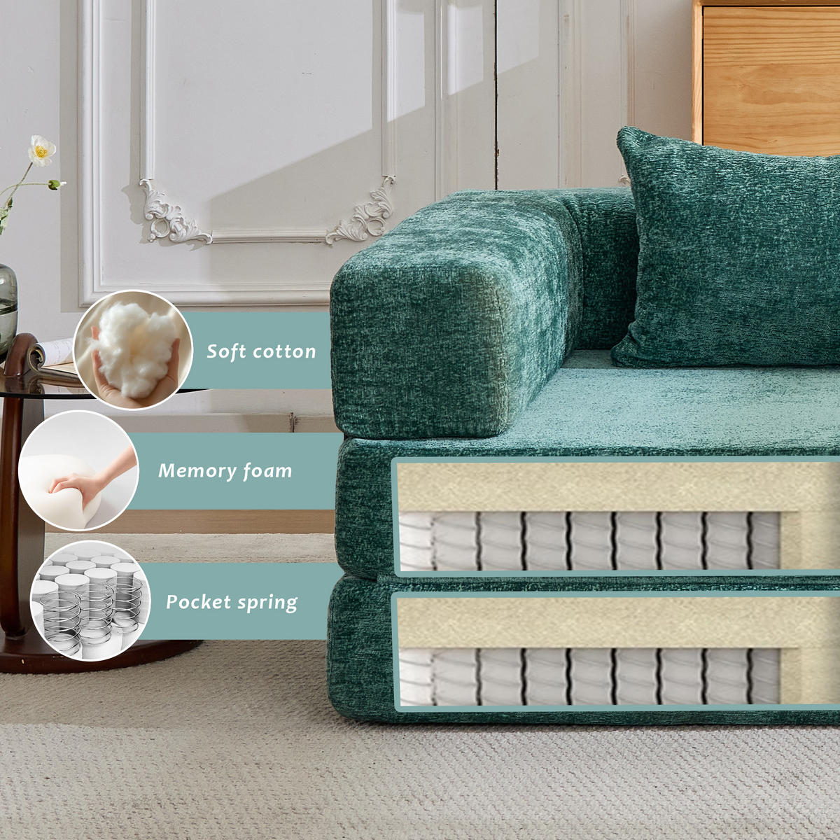 SCHLAFSOFA 2-in-1 faltbar mit Formrahmen, DE-42526, Dunkelgrün - Dunkelgrün, Textil (200/63/100cm) - ComfortXL