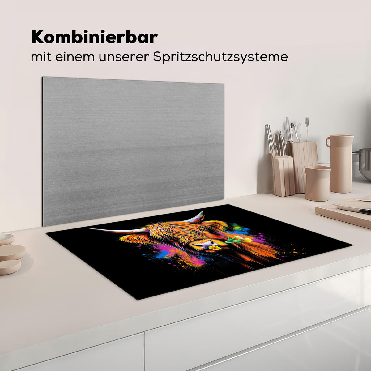 HERDABDECKPLATTE Schottischer Highlander - Graffiti - Bunt - Blume - Tiere Induktionsmatte 77x51 cm - Multicolor, Kunststoff (77/51/0.2cm) - MuchoWow