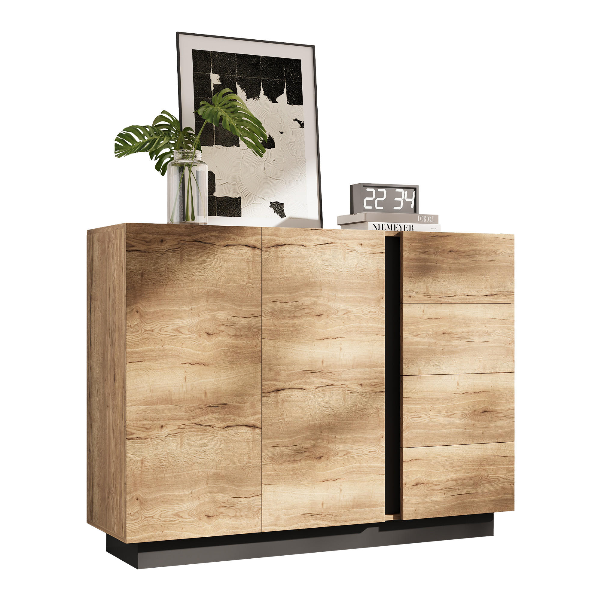 SIDEBOARD 120 cm přírodní dřevo a černá se 4 zásuvkami a 2 dvířky v moderním stylu - přírodní, kompozitní dřevo (120/90.5/35.5cm) - Urban Meuble