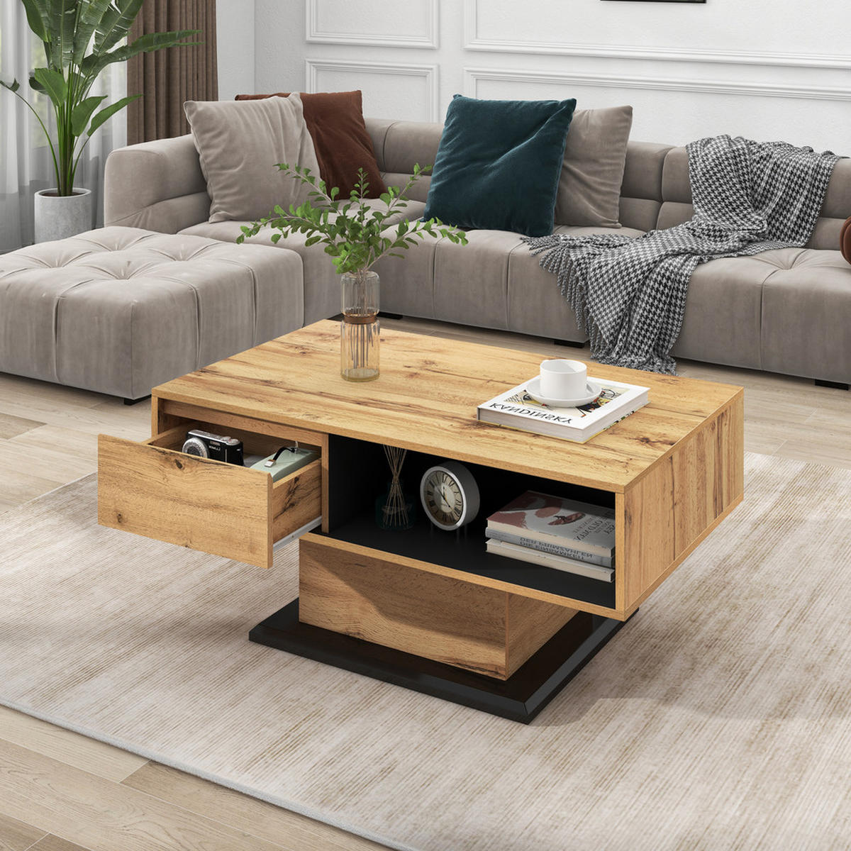 COUCHTISCH Holzmaserung Grifflose Schublade Doppelseitig Stauraum Büro - Braun, Holz (113.5/70/13cm) - FLIEKS