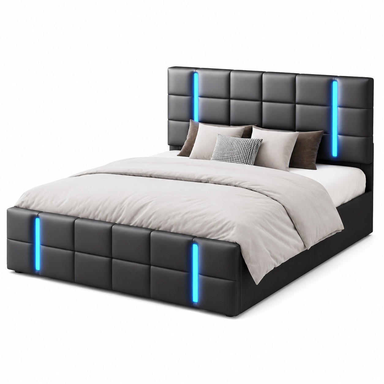 POLSTERBETT 160/200 cm mit LED-Beleuchtung, integriertem USB-Anschluss am Kopfteil und hydraulischem Stauraum-Bettkasten, Lederlook Bettgestell - Schwarz, Holz/Metall (160/200cm) - Joyfair