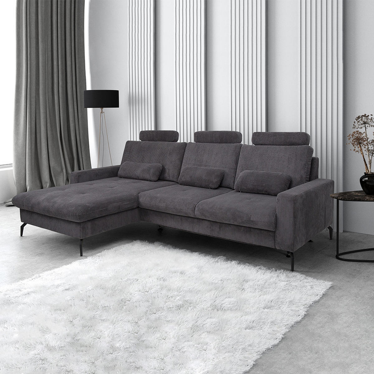 SOFA L FORM Beata Anthrazit 302 x 180 cm mit Bettkasten - Anthrazit, Textil (302/180cm) - VitaliSpa