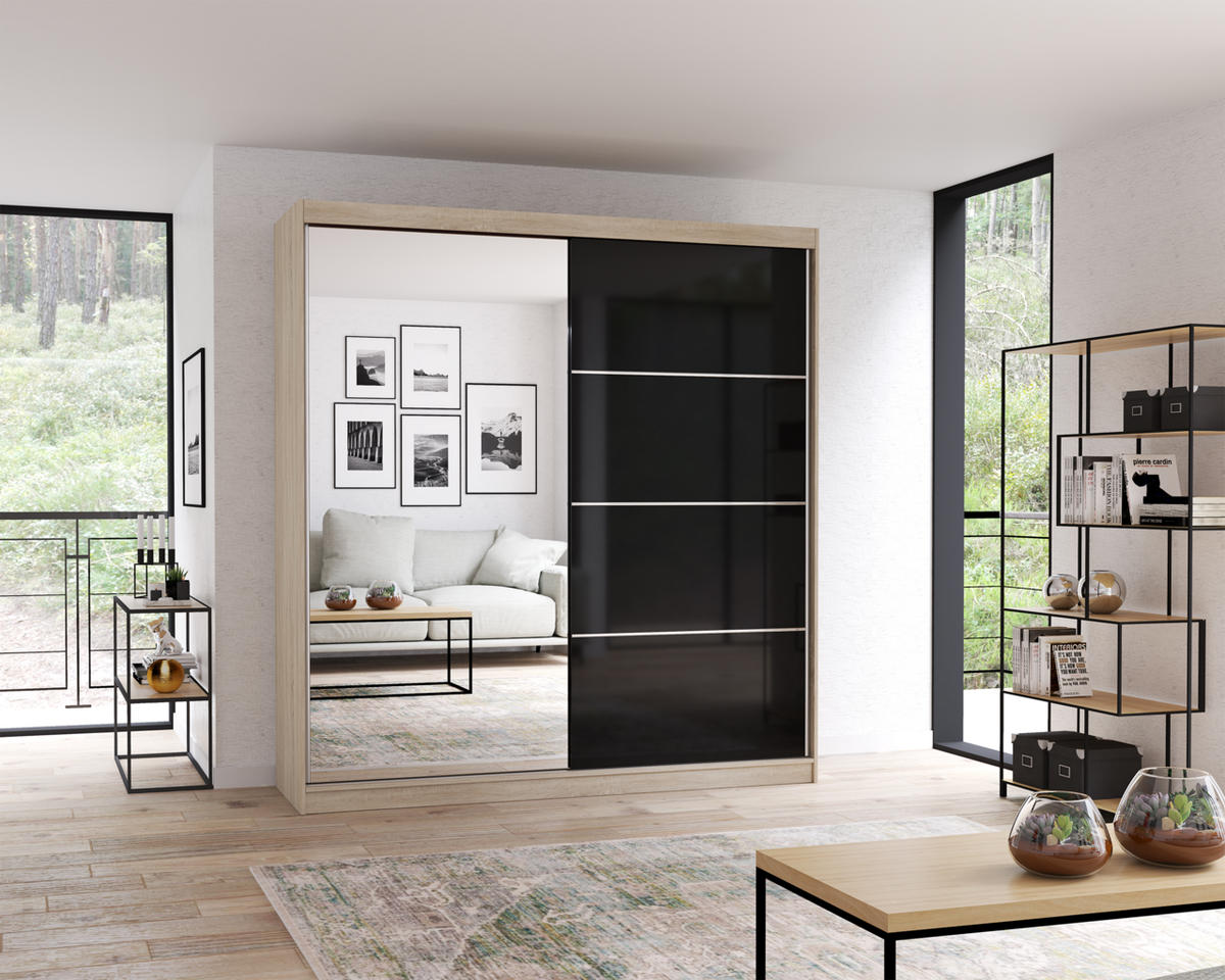 SCHIEBETÜRENSCHRANK - BEN 31 203 CM (Sonoma + Schwarz) - Schwarz/Sonoma Eiche, Holzwerkstoff/Metall (203/218/61cm) - Möblo
