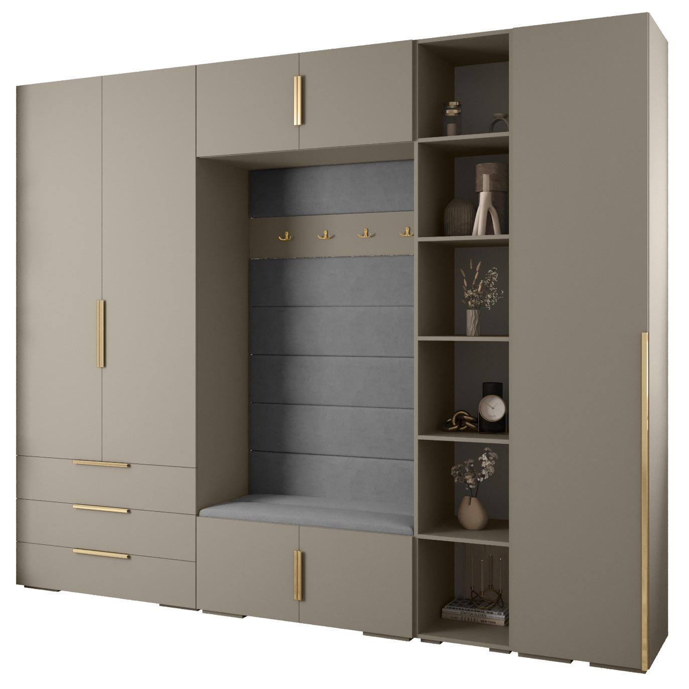 Abiks Möbel Garderoben-Set Kaschmir, Grau, Gold 290x236.7x47 cm
