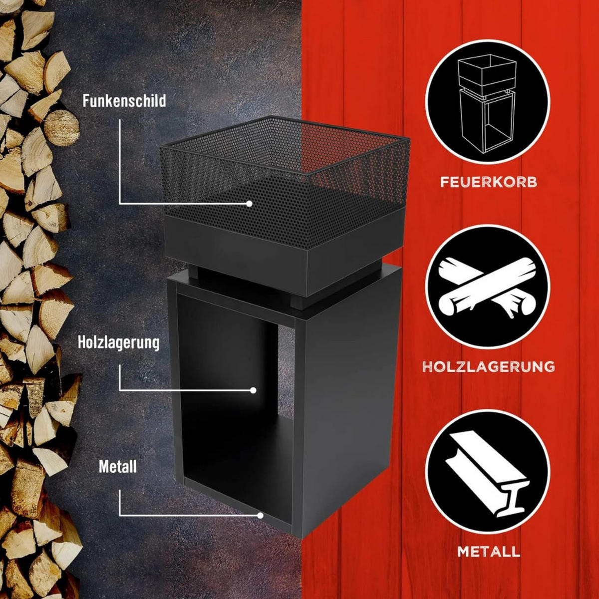 TERRASSENKAMIN Schwarz Stahl 85cm mit Holzfach und Funkenschutz, Gartenkamin, Outdoorkamin, Feuerstelle, Terrassenofen, Heizkamin, Gartenfeuer - Schwarz, Metall (39/85/39cm) - Resch