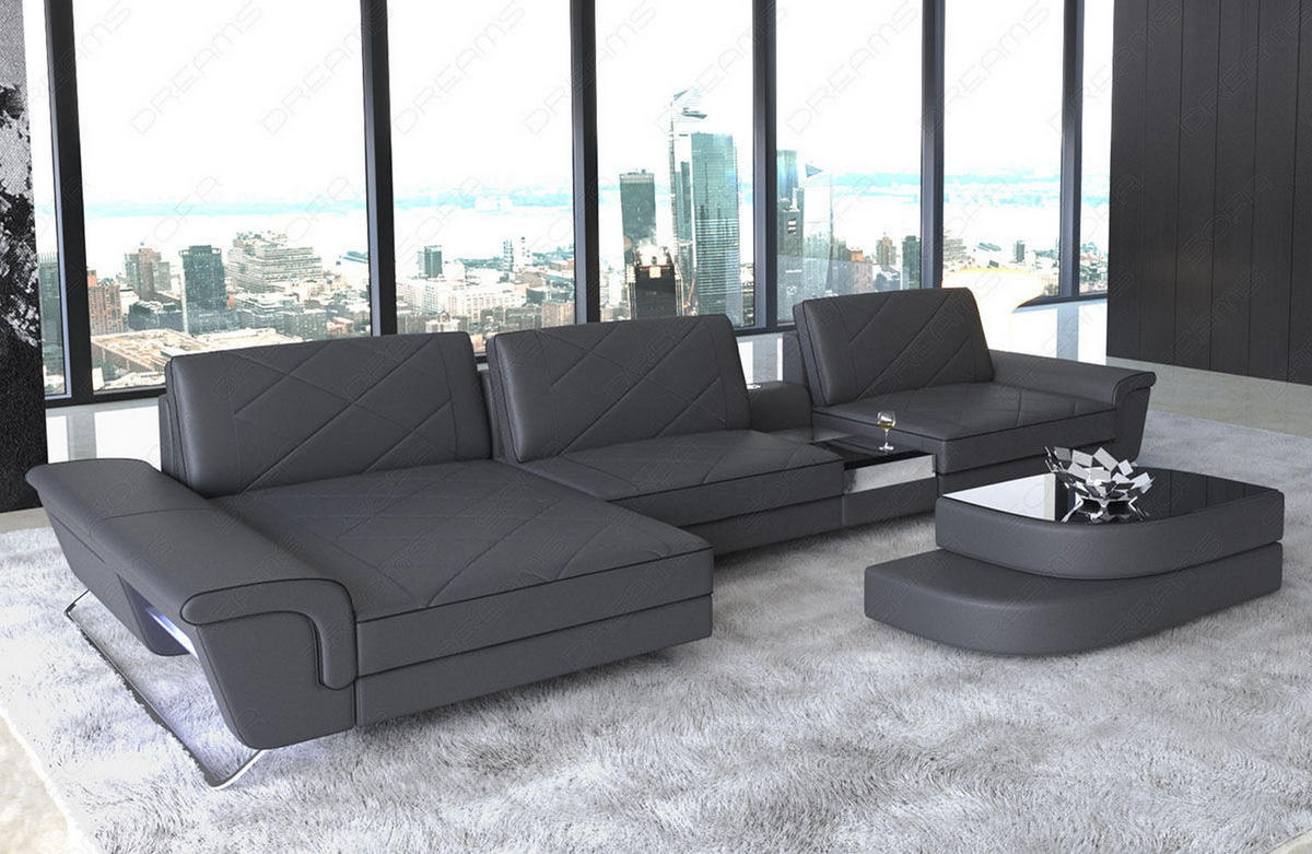 LEDERSOFA Bari L - Schwarz/Grau, Leder (197/369cm) - Sofa Dreams