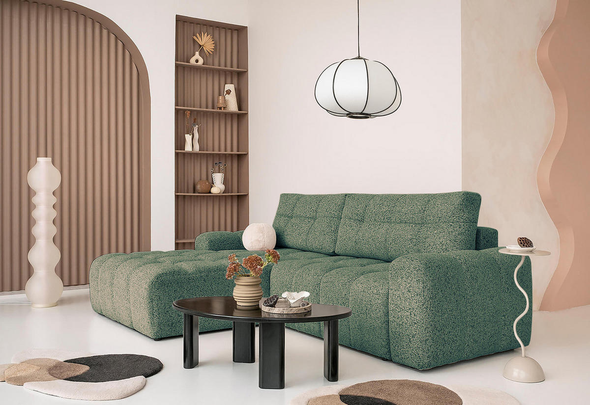 ECKSOFA mit Schlaffunktion - Strukturstoff - Türkis/Beige, Kunststoff/Textil (268/184cm) - home24