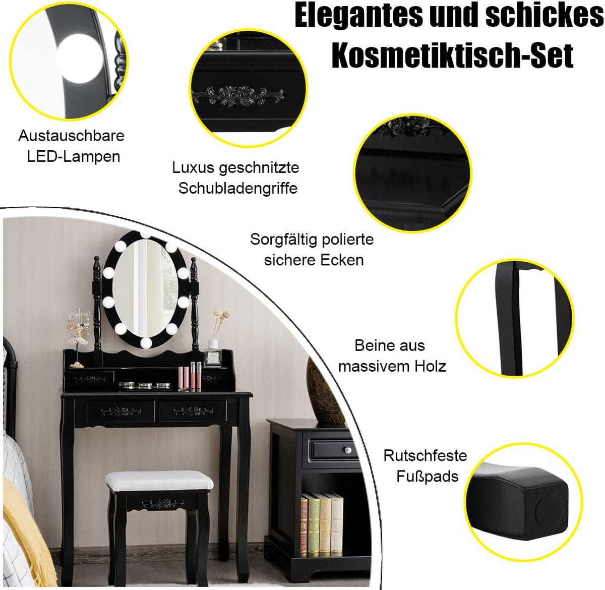 SCHMINKTISCH set mit 10 LED-Leuchten Schwarz - Schwarz, Holz (40/145/75cm) - COSTWAY