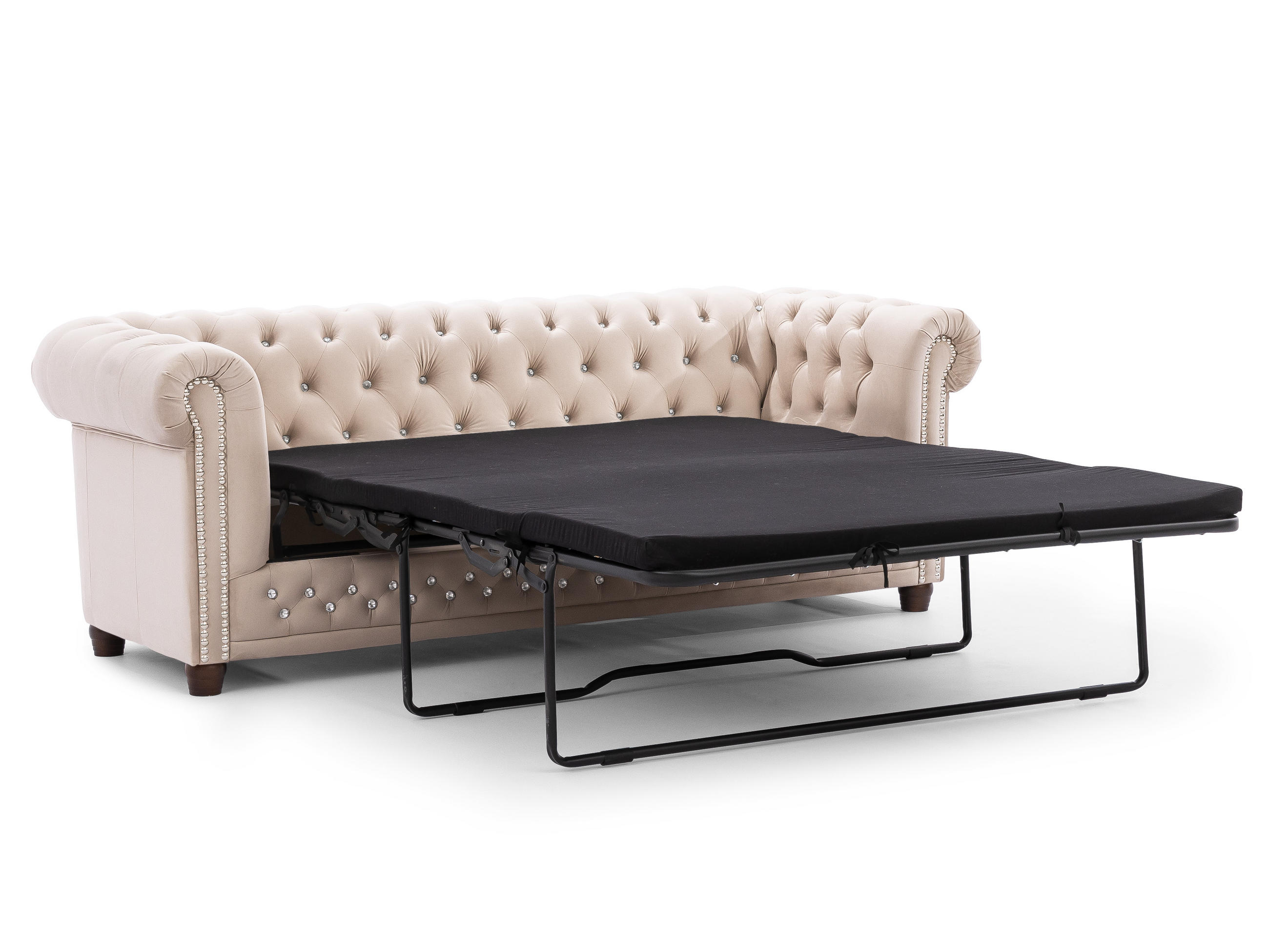 CHESTERFIELD-SOFA 3-Sitzer mit Schlaffunktion Cleo Blink Beige Samt mit Kristallsteppung und braunen Massivholzfüßen - Beige/Braun, Holz/Textil (203/72/86cm) - S-Style Möbel