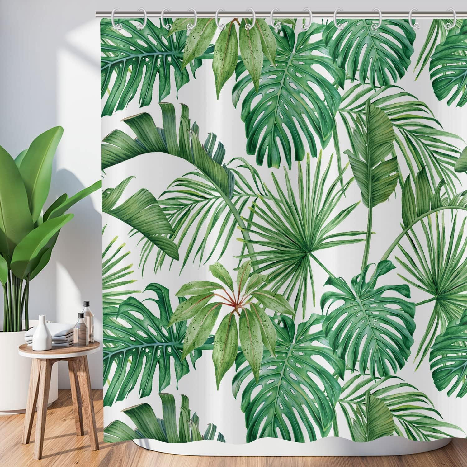 DUSCHVORHANG tropisch Palmen Blätter Grün Dschungel Pflanze botanisch wasserdicht Badewanne - Grün, Textil (180/180cm) - MCBOSON