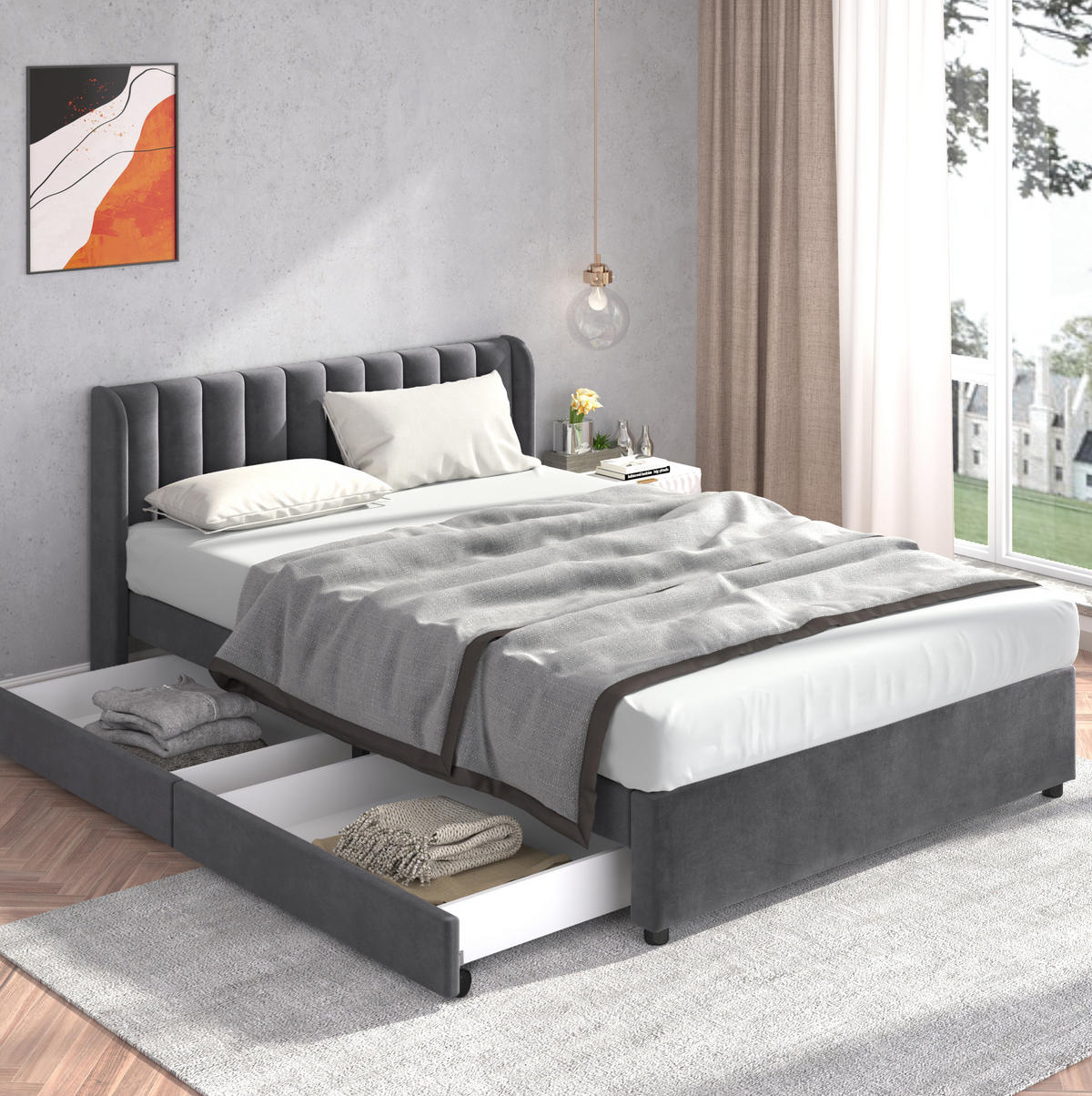 BETT mit 2 Schubladen 160x200 cm Samt Grau - Grau, Holz (160/200cm) - Meubliv