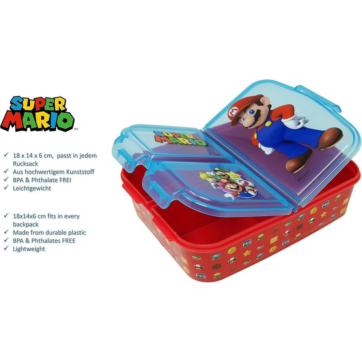 BROTDOSE mit Fächern Super Mario Kunststoff BPA frei - Multicolor, Kunststoff (14/7/18cm)