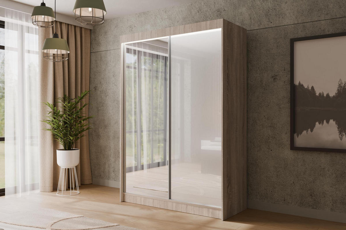 KLEIDERSCHRANK VESLI mit LED - 150 cm - Sonoma Eiche|Weiß - Weiß/Sonoma Eiche, Holzwerkstoff (150/215/61cm) - ALTDECOR