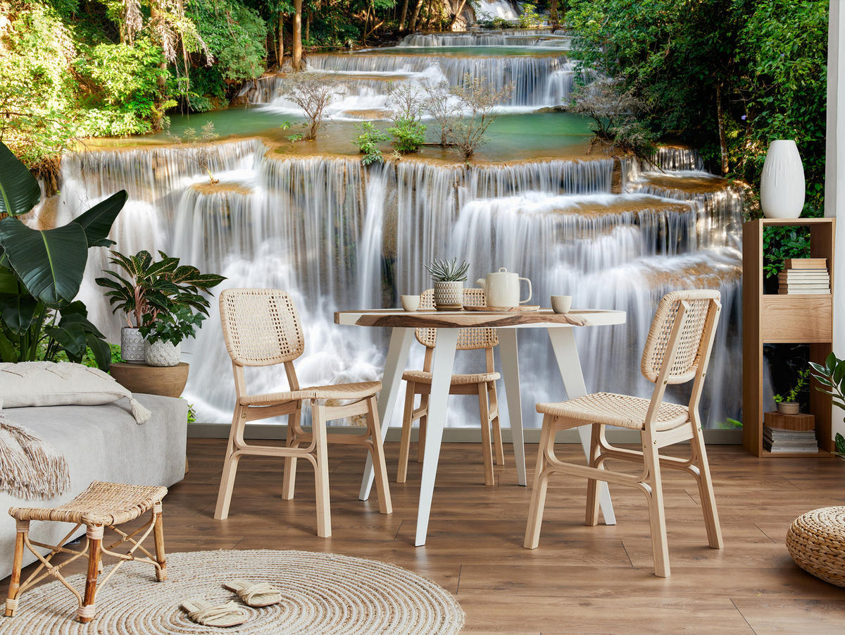 FOTOTAPETE für Esszimmer Panorama Waldwasserfall Bäume Pflanzen Natur 300x210 - Beige/Braun, Papier (300/210cm) - Muralo