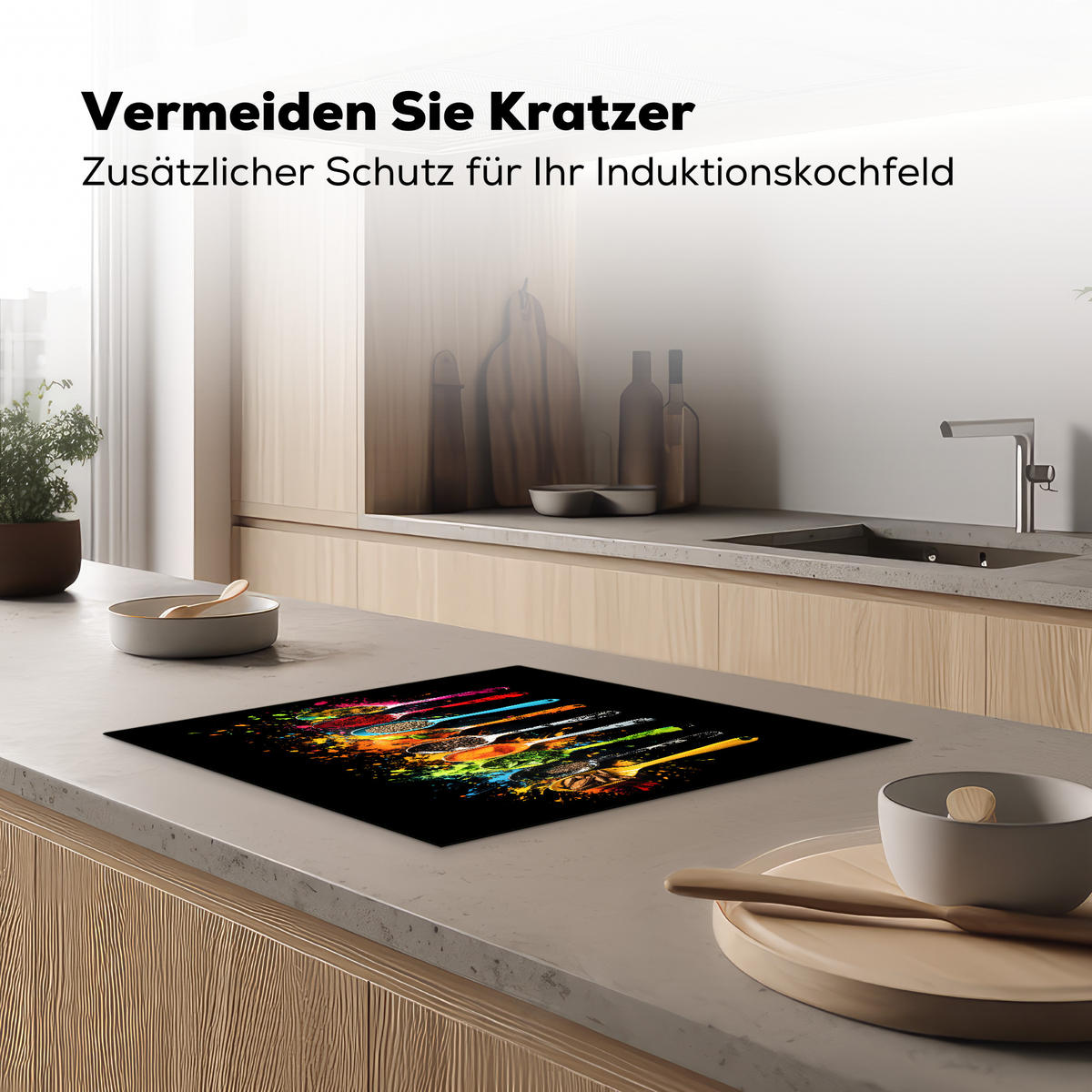 HERDABDECKPLATTE Löffel - Gewürze - Modern - Graffiti - Farbe - Farbenfroh 60x52 cm - Multicolor, Kunststoff (60/52/0.2cm) - MuchoWow