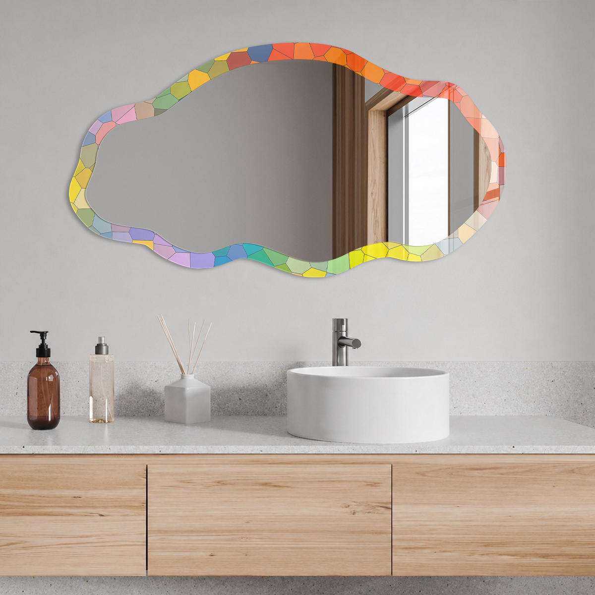 SPIEGEL 90x45 cm asymmetrisch mit Druck - Farbenfrohes Mosaik - Transparent, Glas (45/90/0.4cm) - TULUP