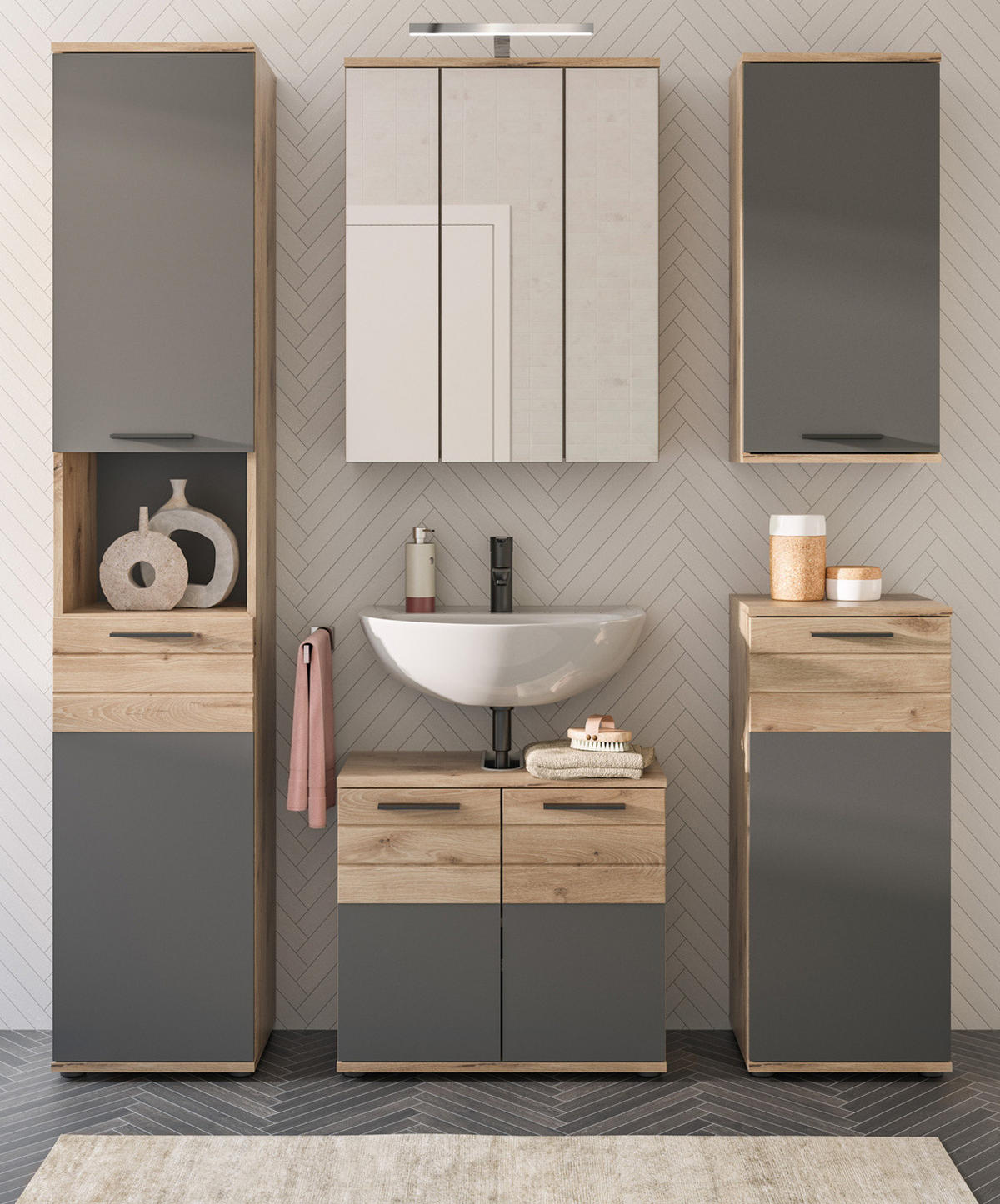 SPIEGELSCHRANK Eiche 60 cm Badschrank 3-türig, Badezimmermöbel - Eichefarben, Glas/Holzwerkstoff (60/77/18cm) - Inn.Furn