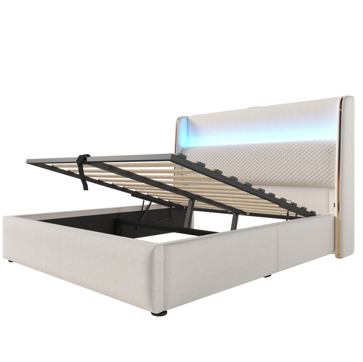 POLOHOVATEĽNÁ posteľ 160/200 cm béžová z ľanovej tkaniny s LED, úložným priestorom a USB/Type-C - béžová, textil (160/200cm) - OKWISH