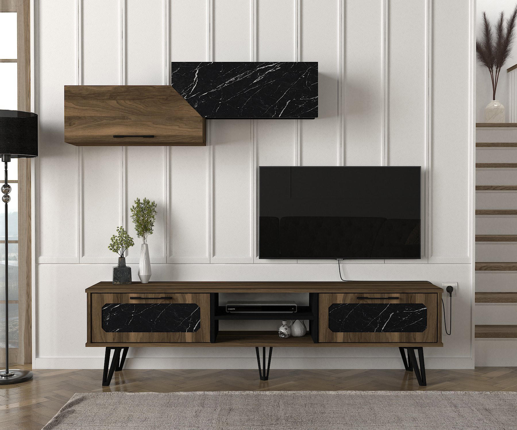 WOHNWAND Lampert Walnuss Marmor Optik - Walnussfarben/Schwarz, Holzwerkstoff/Metall (180/51/35cm) - moebel17