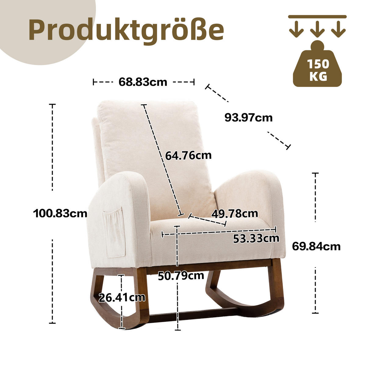 SCHAUKELSTUHL Leinen mit hoher Rückenlehne, Seitentasche 69/94/101 cm Beige bis 150 kg - Beige, Textil (94/101/69cm) - Redom