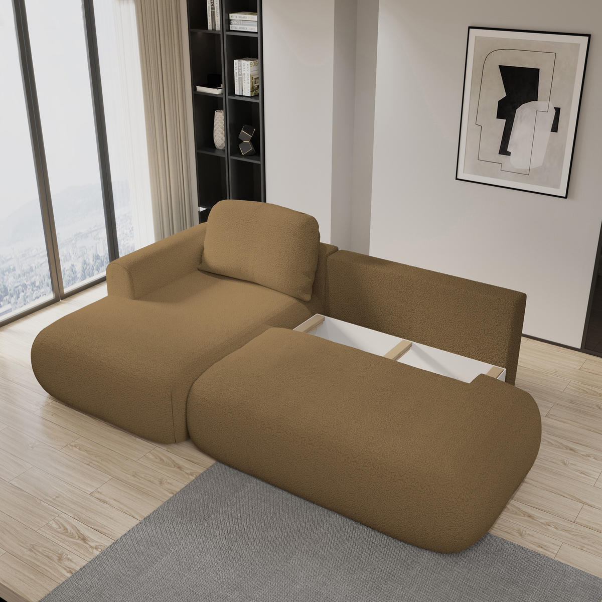 ECKSOFA NUVIRA L-S Orange Boucle-Stoff mit Schlaffunktion - Orange, Holz (274/165cm) - MASSENO