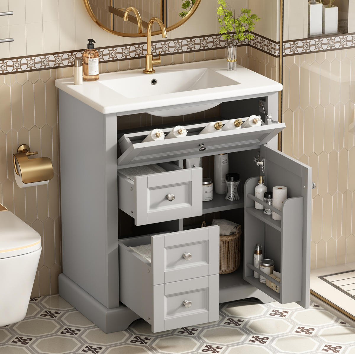 BADEZIMMERSCHRANK mit Waschbecken aus MDF und Keramik 76x46x87 cm Grau freistehend mit Stauraum - Grau, Keramik (76/87/46cm) - Modfu