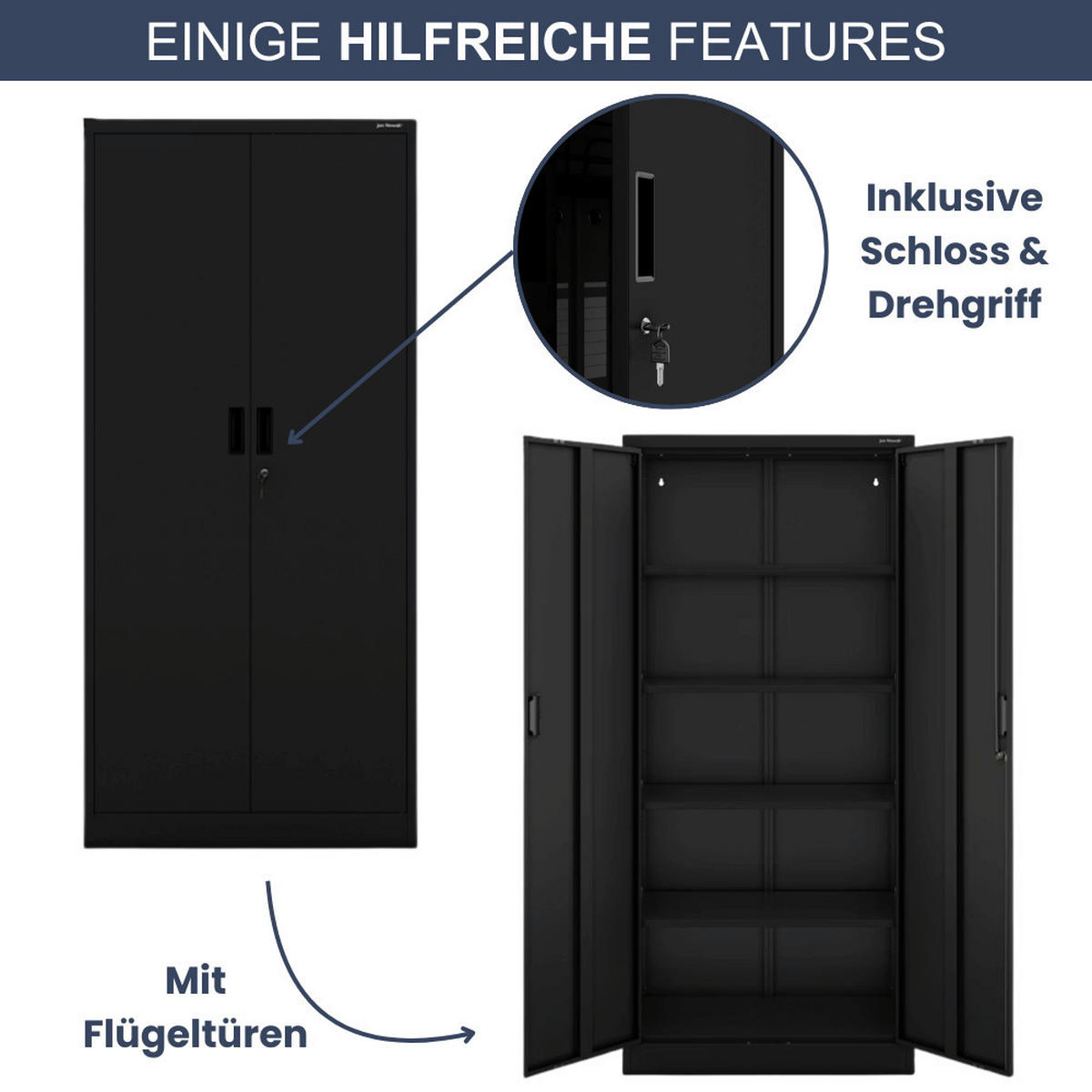 AKTENSCHRANK abschließbar KADO mit Flügeltüren 175x80x40cm Schwarz - Schwarz, Metall (80/175/40cm) - DELUKE