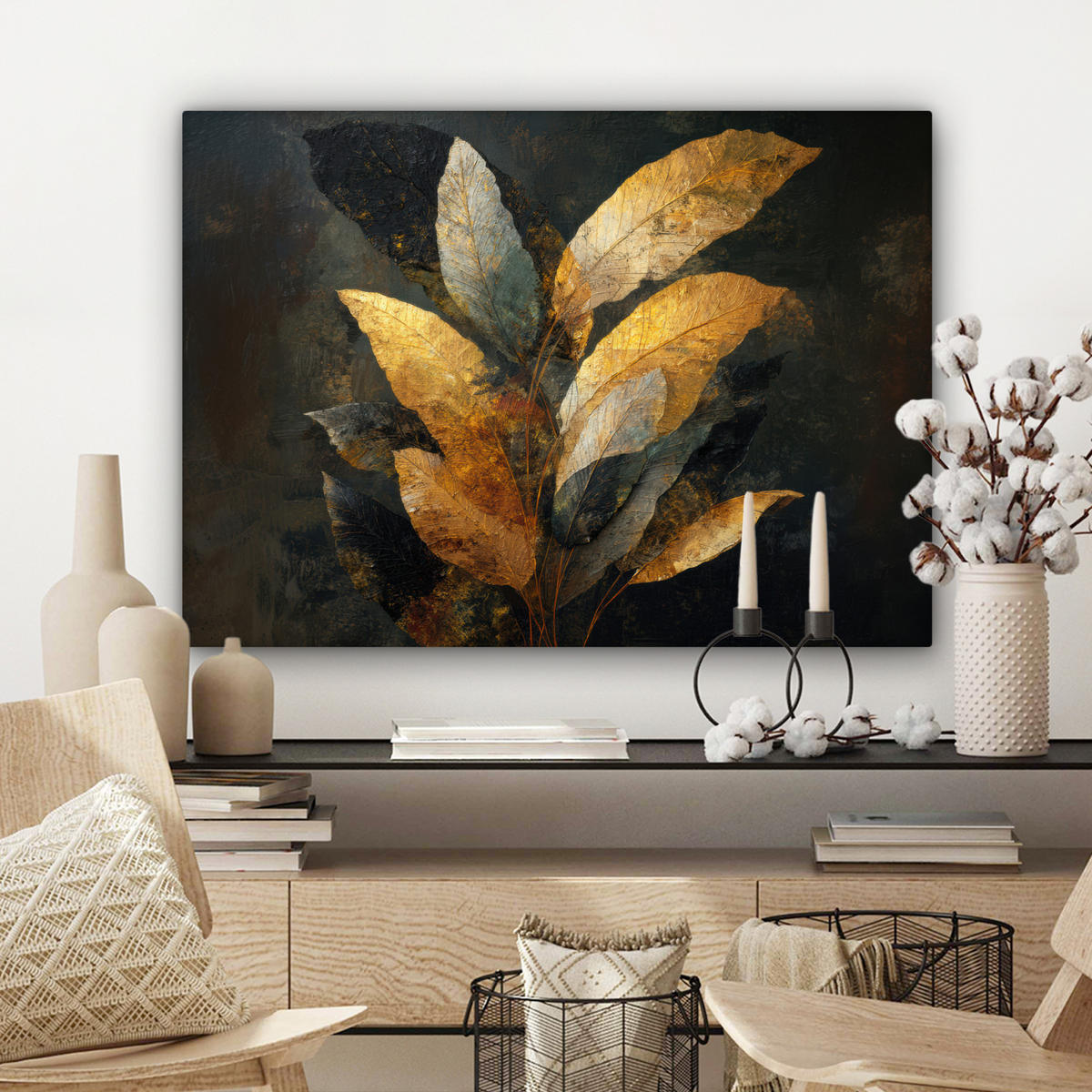 LEINWANDBILD Golden Leaf Komposition - Botanical Luxury Wandbilder 80x60 cm - Goldfarben/Schwarz, Textil (80/60cm) - MuchoWow