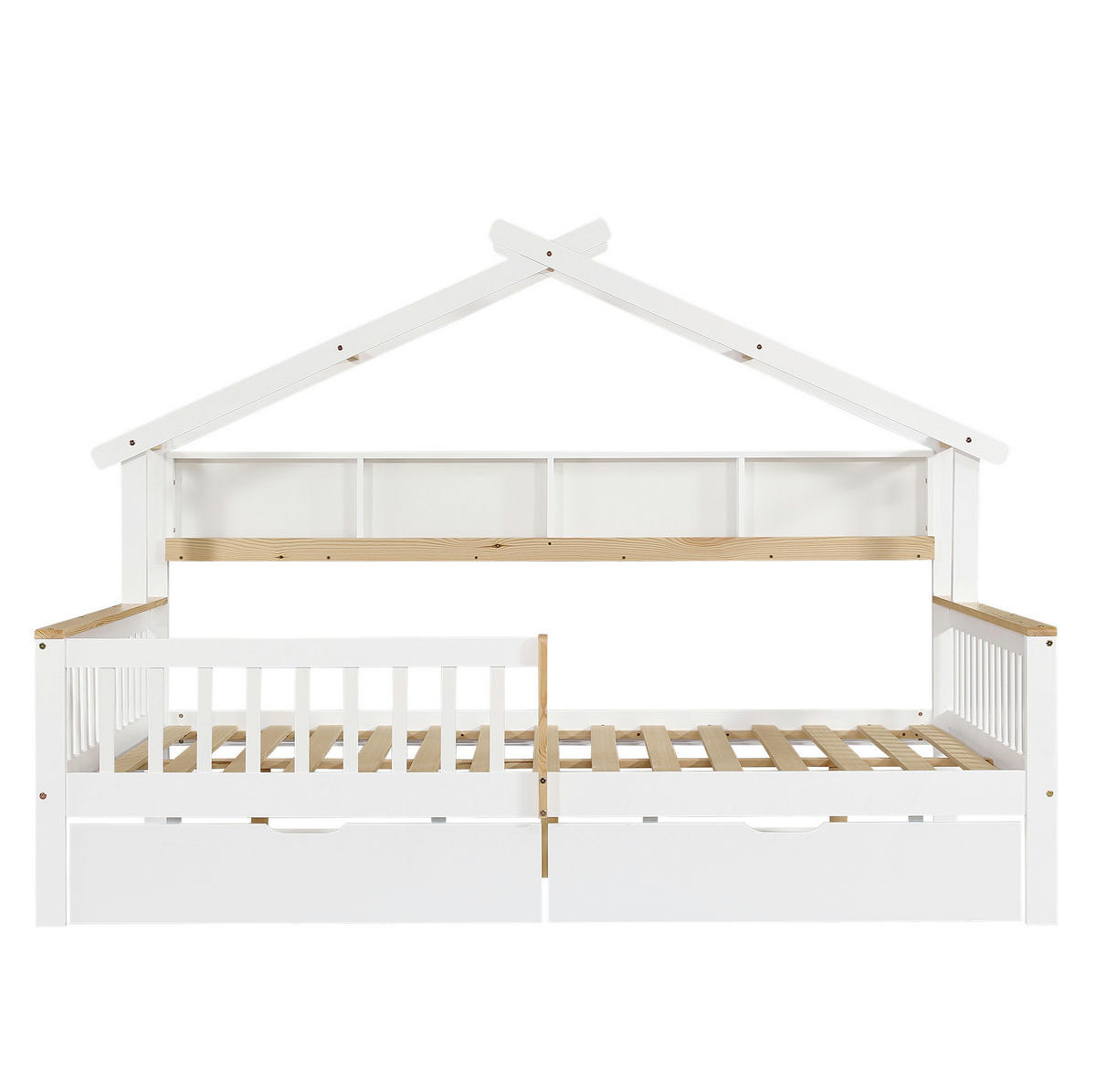 KINDERBETT 140/200 cm aus Kiefer und MDF mit Dach, Fallschutz und 2 Schubladen, Weiß/Natur - Weiß, Holz (140/200cm) - Redom