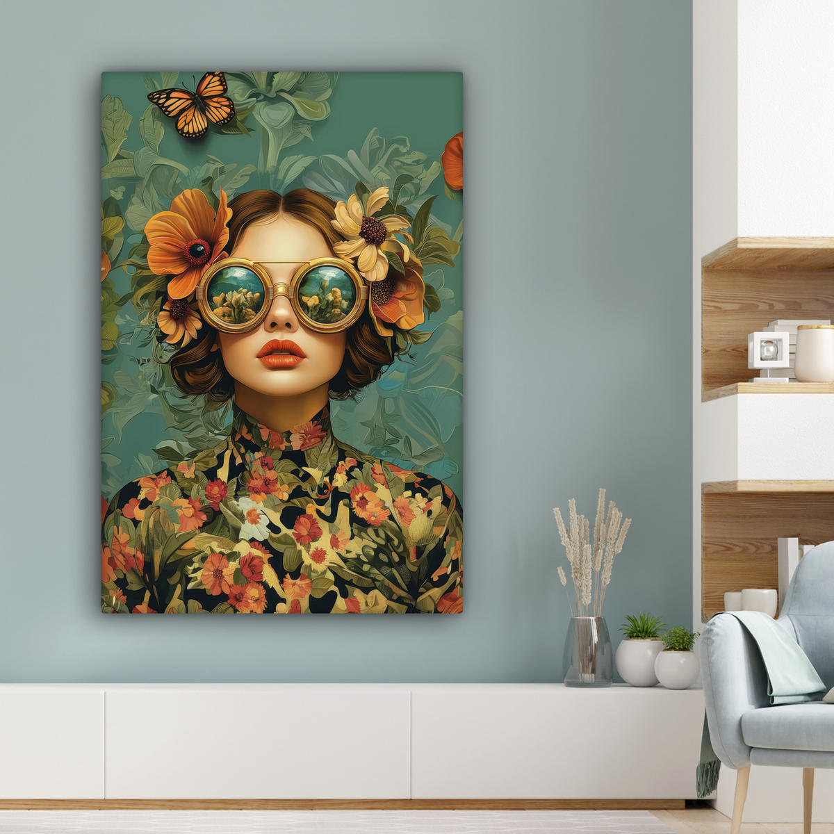 LEINWANDBILD Frau - Blumen - Schmetterlinge - Natur - Vintage Deko XXL 80x120 cm - Salbeigrün, Textil (80/120cm) - MuchoWow