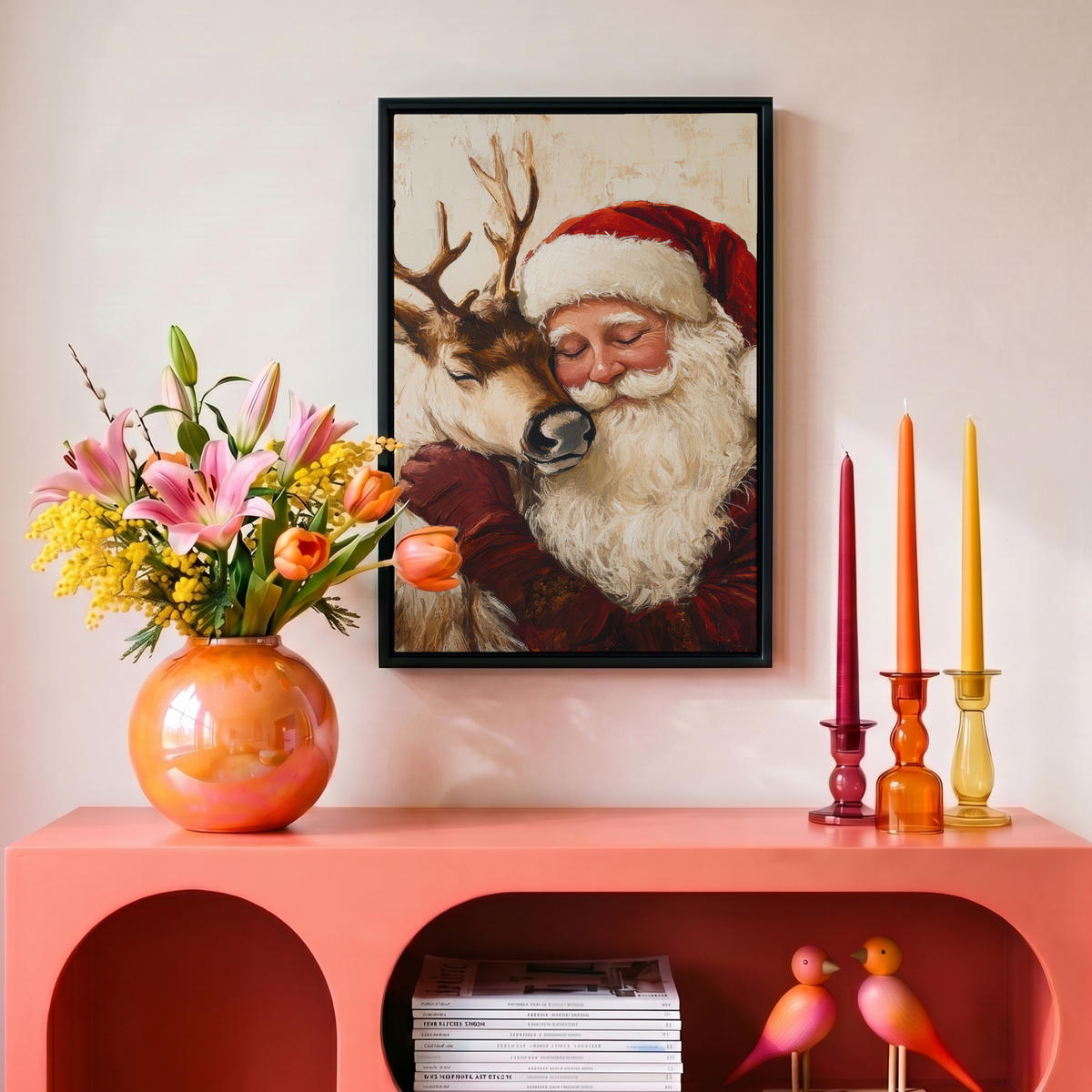 LEINWAND Bilder mit Rahmen - Weihnachtsmann - Rentier - Weihnachten - 20x30 - Rotbraun, Textil (20/30cm) - MuchoWow