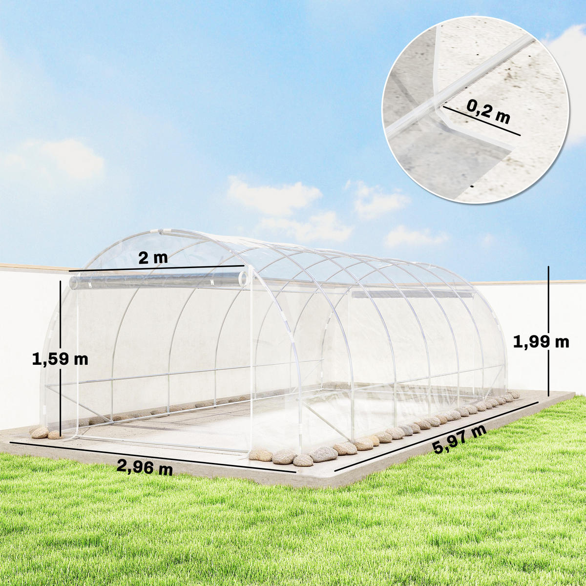 GEWÄCHSHAUS DE-12061 mit 2 Rolltüren & PE-Bache 150 g/m² Transparent - Transparent, Metall (296/199/597cm) - ComfortXL