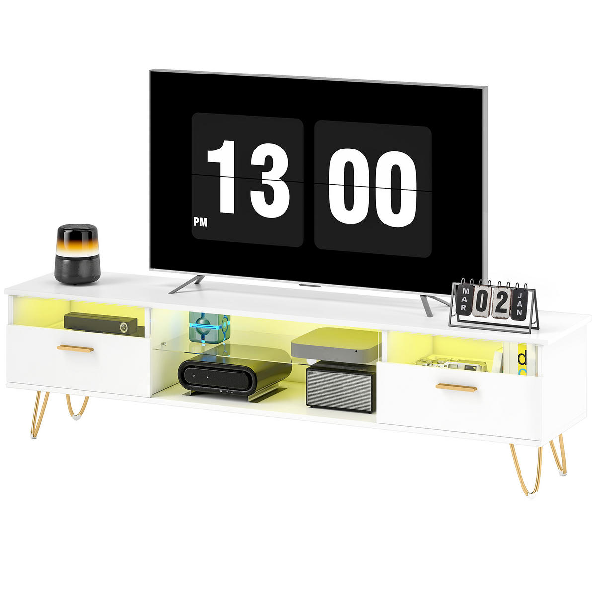LOWBOARD Weiß 160/35/42 cm, LED-Beleuchtung, Soft-Close, Metallfüße - Weiß, Holzwerkstoff (160/42/35cm) - PANGIVO